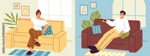 Set of people relaxing on sofa. Joyful man and woman sitting on comfortable couch, watching TV, resting and recuperating. Carefree characters having leisure time. Flat vector illustration collection