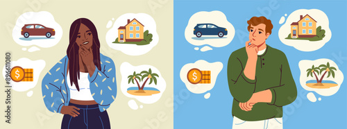People plan expenses. Thoughtful man and woman dream about traveling, buying new car and house, financial growth. Material benefits. Characters and lifestyle items. Flat vector illustration collection