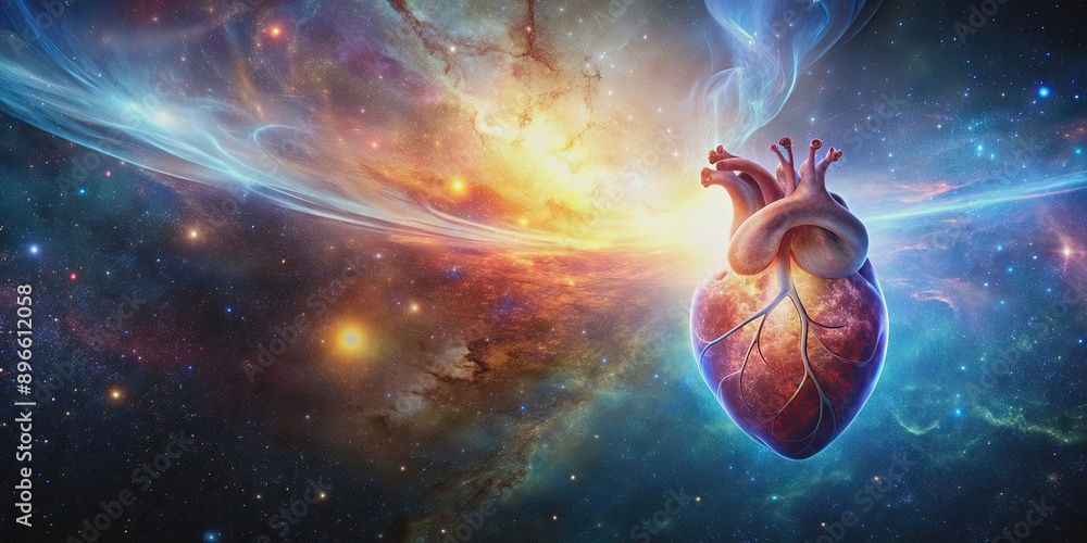Naklejka premium Surreal depiction of a human heart as a cosmic sanctuary filled with glowing empathy , celestial, heartscape