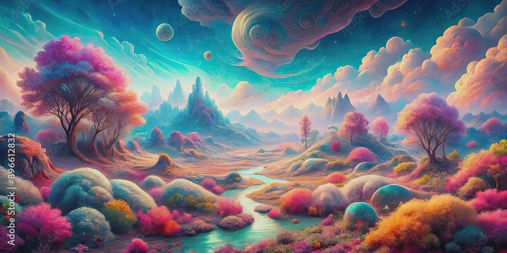 Obraz premium Surreal journey through mental landscape with nature and psychedelia in pastel colors