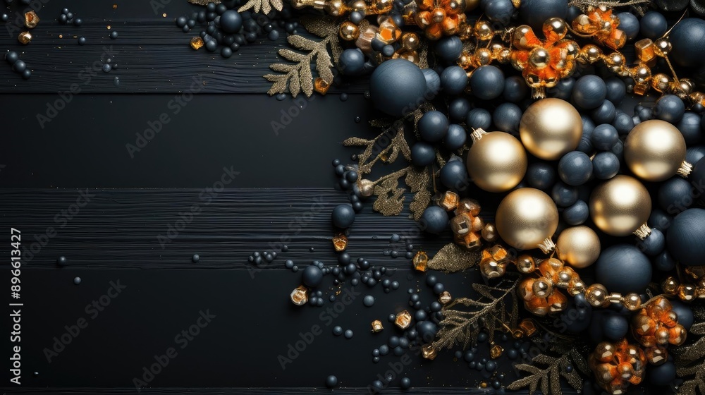 Top view of Christmas decorations with light bulb ornaments and plants Top view of Christmas decorations with light bulb ornaments and plants