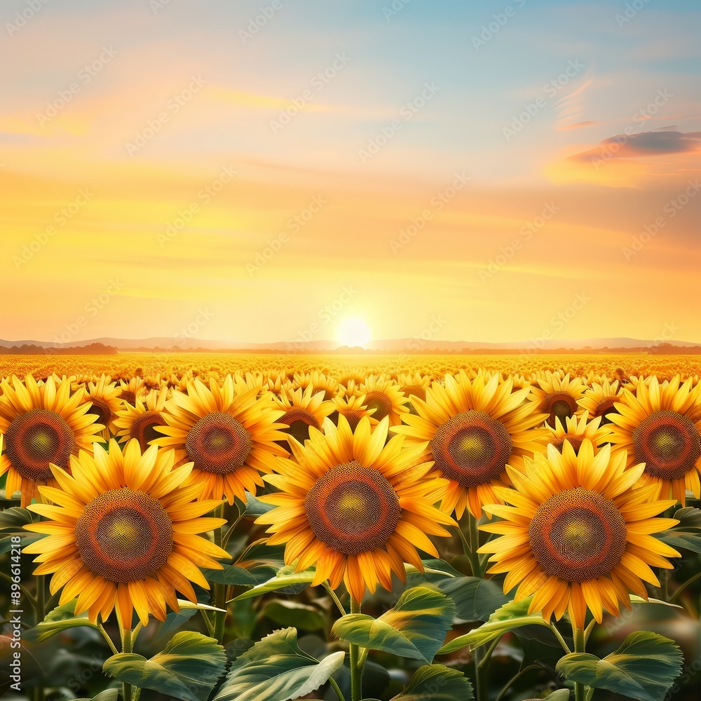 Fototapeta premium A vibrant sunflower field at sunset, showcasing the beauty of nature with bright yellow blooms under a stunning sky.