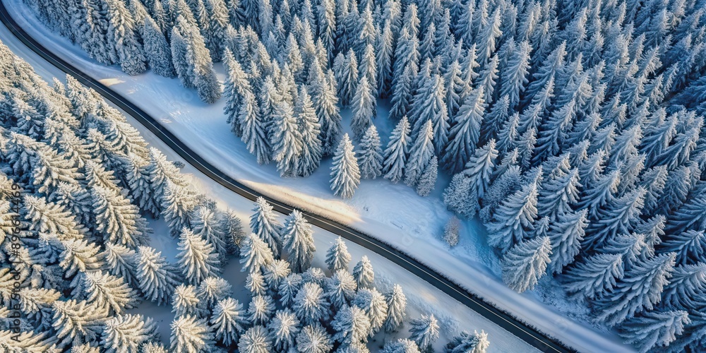 Aerial view of snow-covered road in Romanian forest , winter, drone photography, mountainous, rural, Romania, snowy, cold