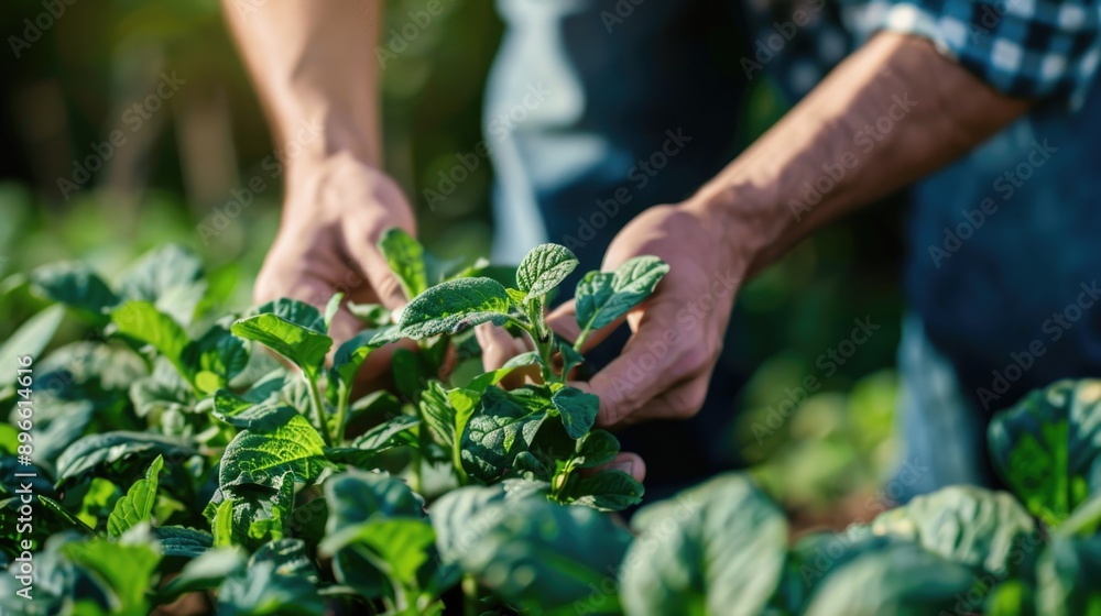 Farmer checks the leaves of the green plants of his fields Farmer checks the leaves of the green plants of his fields