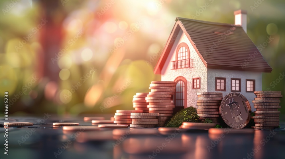 Stacks of coins, house in the background, photo of investment and financial freedom Stacks of coins, house in the background, photo of investment and financial freedom