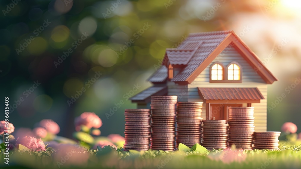 Stacks of coins, house in the background, photo of investment and financial freedom Stacks of coins, house in the background, photo of investment and financial freedom