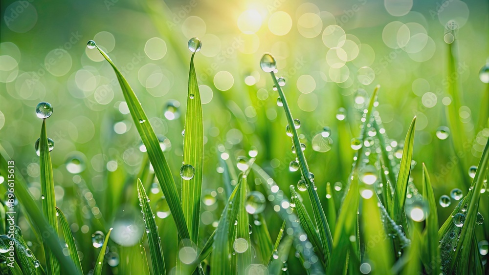Fototapeta premium Close up of fresh green grass with water drops in the morning , grass, green, water drops, field, nature, background, dew