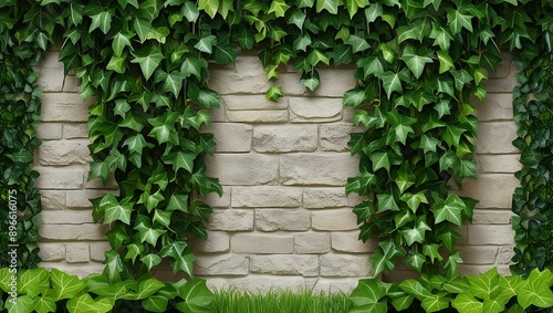 White brick wall with green ivy leaves background.