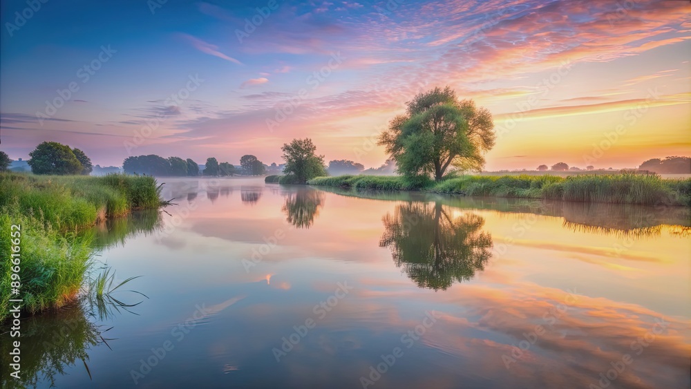 Fototapeta premium Peaceful riverside scene at dawn with water reflecting soft hues of the morning sky , nature, river, sunrise, reflection, tranquil