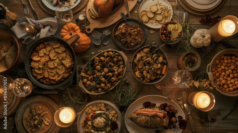 Rustic thanksgiving feast with cozy candlelit atmosphere and an array of delectable foods Rustic thanksgiving feast with cozy candlelit atmosphere and an array of delectable foods