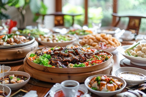 Asian food on a table with dishes.