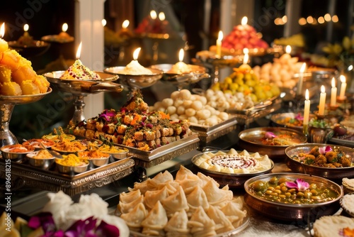 Indian Cuisine Served on a Table with Candles.