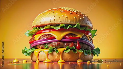 Vibrant rendering of a burger melting with colorful toppings , melting, vibrant, rendering, burger, colorful, toppings, fast food photo