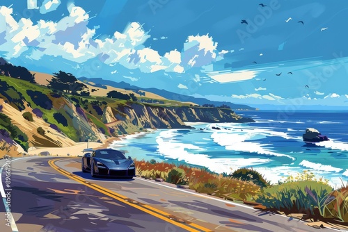 Sports car driving along a scenic coastal road.
