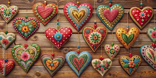 Whimsical hearts in a folk art style, conveying warmth and value , whimsical, hearts, folk art, love, romantic