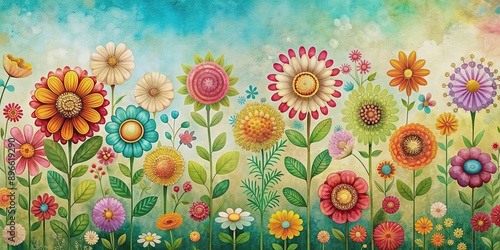 Whimsical vintage raster art of colorful flowers , whimsical, vintage, raster, art, colorful, flowers, vibrant, retro photo