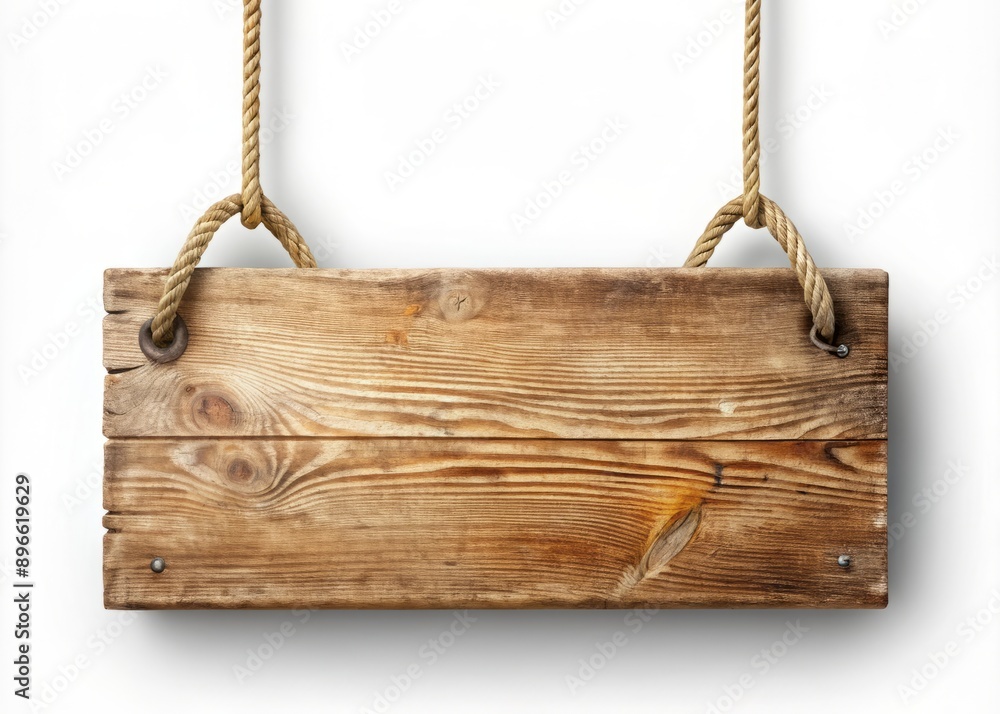 Rustic wooden rectangular sign with distressed texture and natural imperfections hangs from two ropes against a transparent isolated background with subtle shadows. Rustic wooden rectangular sign with distressed texture and natural imperfections hangs from two ropes against a transparent isolated background with subtle shadows.
