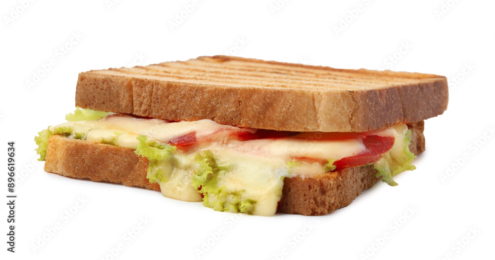 Tasty toasted bread with melted cheese, tomato and lettuce isolated on white Tasty toasted bread with melted cheese, tomato and lettuce isolated on white