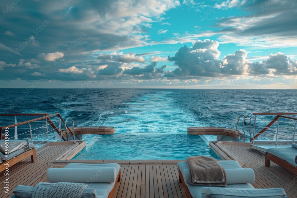 Fototapeta premium Luxury Yacht Deck with Swimming Pool and Ocean View.