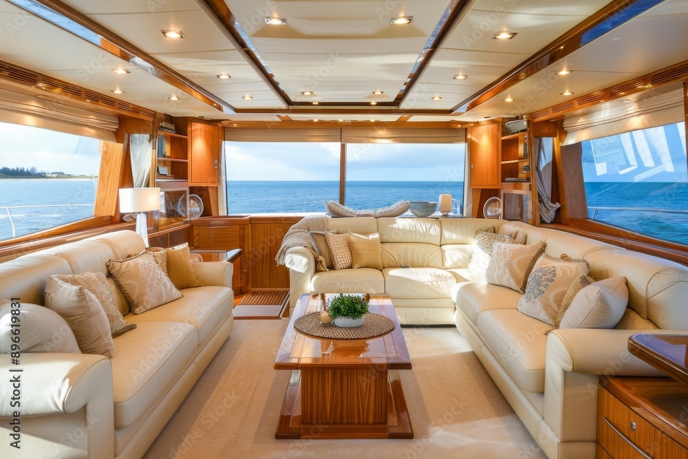 Naklejka premium Luxurious Living Room on a Yacht with Ocean View.
