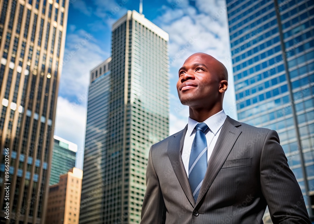 Confident African-American executive stands out against a backdrop of towering skyscrapers in the bustling financial district, epitomizing hard work and professional success. Confident African-American executive stands out against a backdrop of towering skyscrapers in the bustling financial district, epitomizing hard work and professional success.