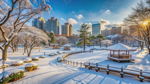 Snow-covered park in Bucheon, South Korea on a sunny day , winter, panoramic, 360 degrees, view, landscape, snowy, cold, weather photo