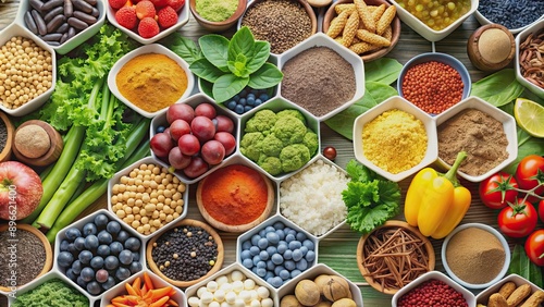 Close-up of various healthy foods with chemical structures of additives overlaid on top, healthy, food, chemistry