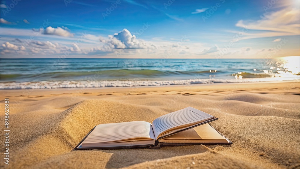Coastal background with journal on sandy beach , seaside, stories, ocean, relaxation, vacation, writing, notebook, travel