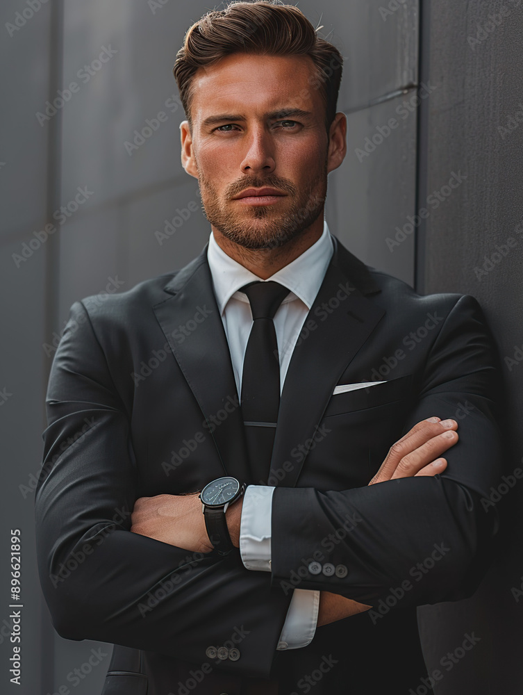 A handsome man in a suit, with his arms crossed and looking at the camera A handsome man in a suit, with his arms crossed and looking at the camera