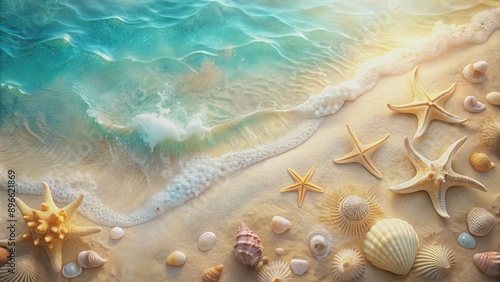 Soft, pastel maritime background with seashells, starfish, and waves , ocean, sea, beach, water, shells