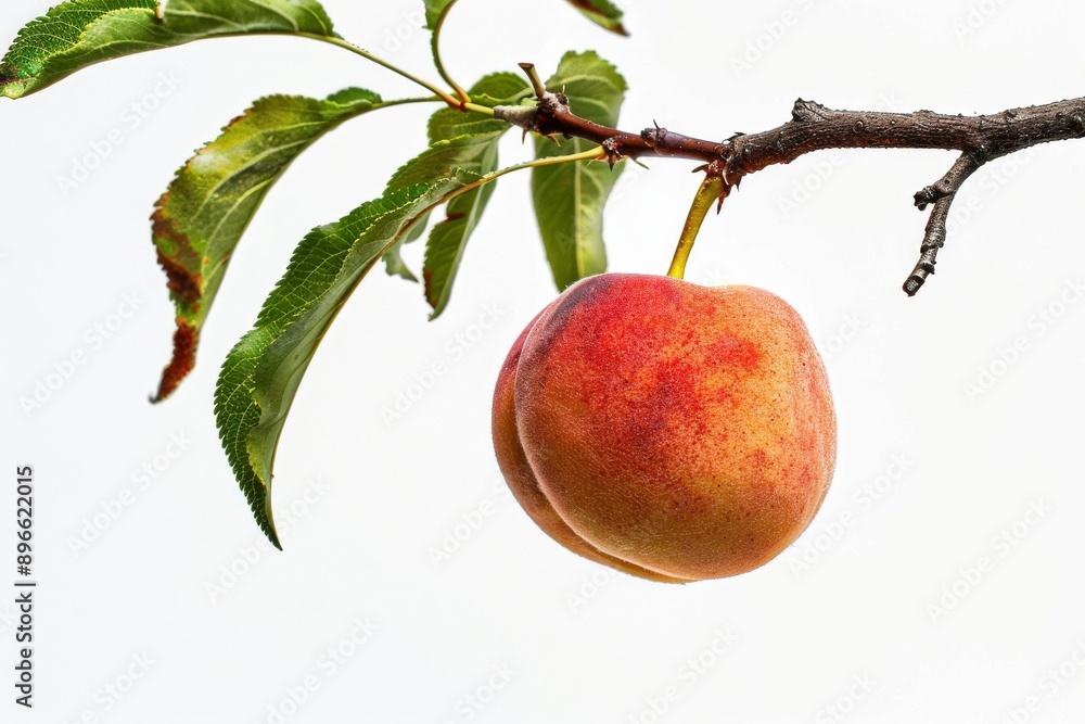 Mystic photo of Fairhaven Peach on the vine, isolated on white background Mystic photo of Fairhaven Peach on the vine, isolated on white background