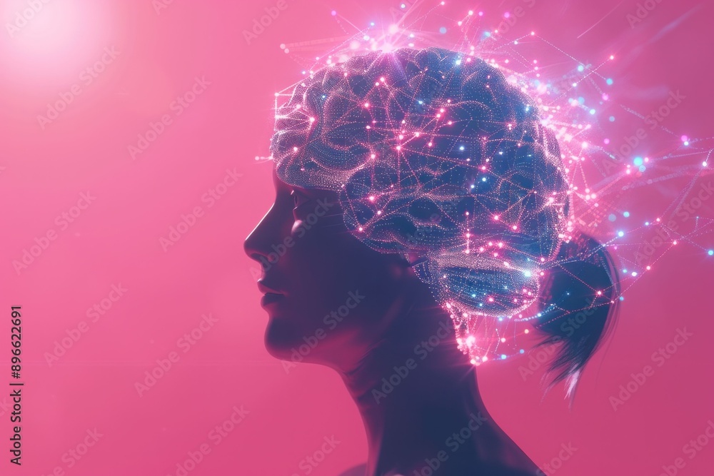 Abstract network of lines and dots surrounding woman's head on pink background beauty and technology connection in modern society Abstract network of lines and dots surrounding woman's head on pink background beauty and technology connection in modern society