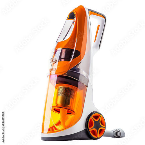 Modern upright vacuum cleaner with orange accents and sleek design, isolated on white background, ideal for home and commercial cleaning. photo