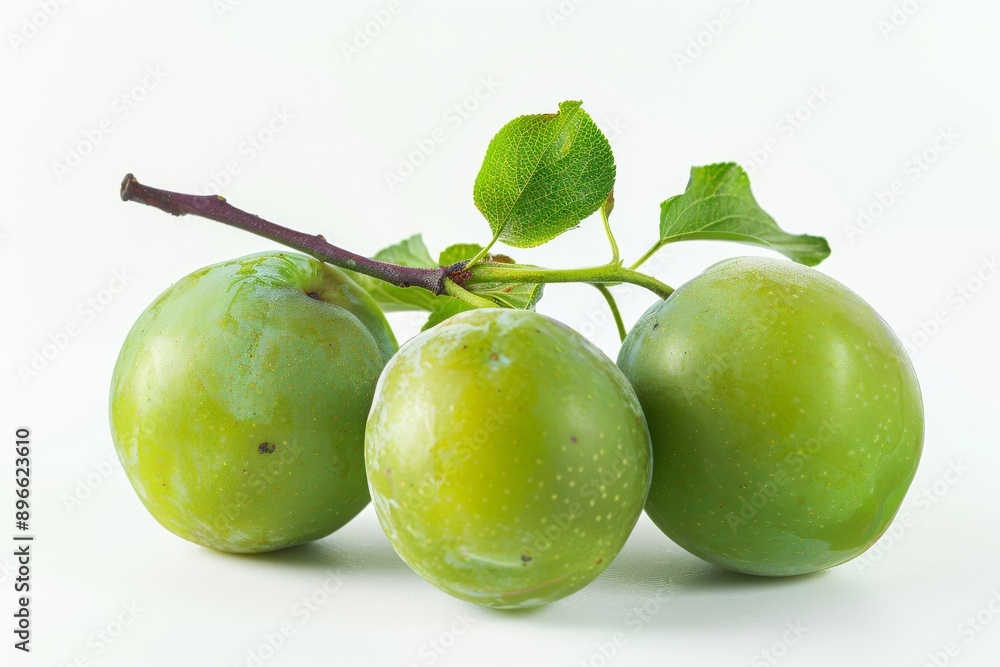 Mystic photo of Greengage Plum on the vine, isolated on white background Mystic photo of Greengage Plum on the vine, isolated on white background