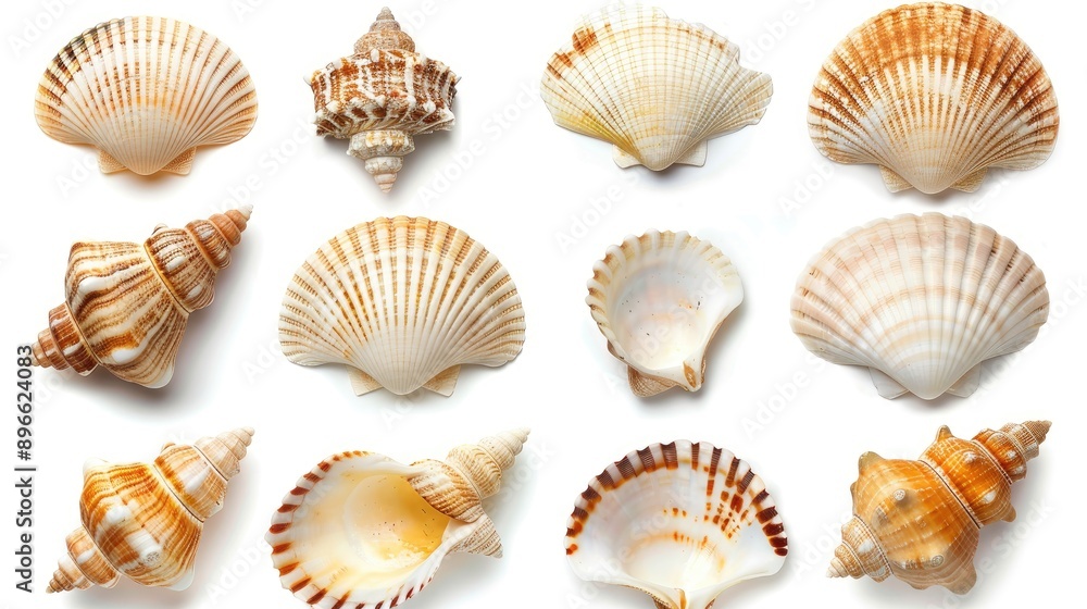 Seashells against a white backdrop Seashells against a white backdrop