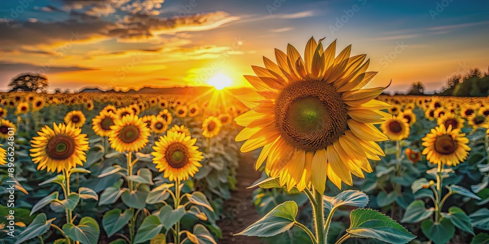 Close-up of sunflower field at sunset with flowers facing the sun, casting long shadows, sunflowers, field, sunset, sun rays