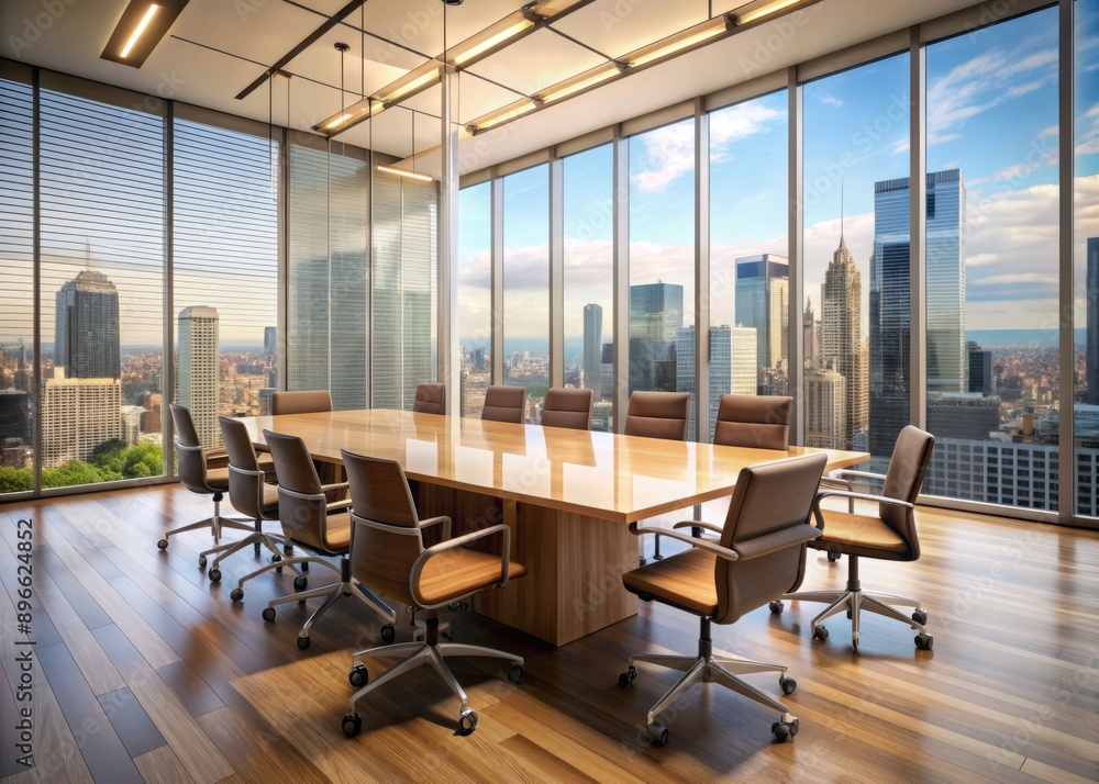 Fototapeta premium Modern corporate office background with blurred cityscape view through floor-to-ceiling windows, empty chairs, and a sleek wooden conference table in the center.