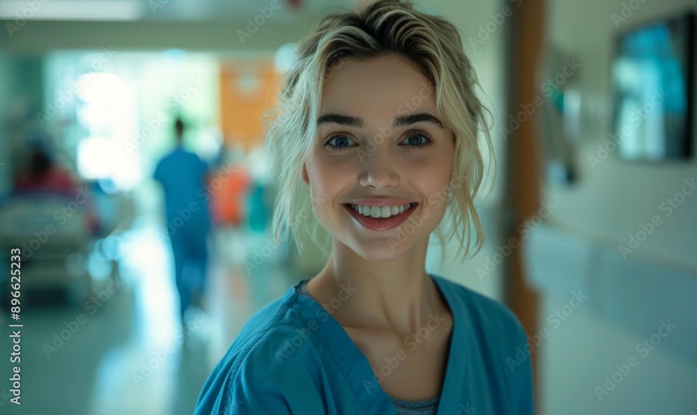 Fototapeta premium Portrait of a smiling young female nurse wearing blue scrubs in a hospital setting. AI.