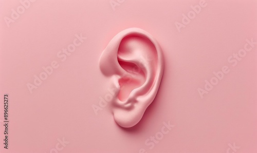 Close-up of a pink human ear on a pink background. AI.