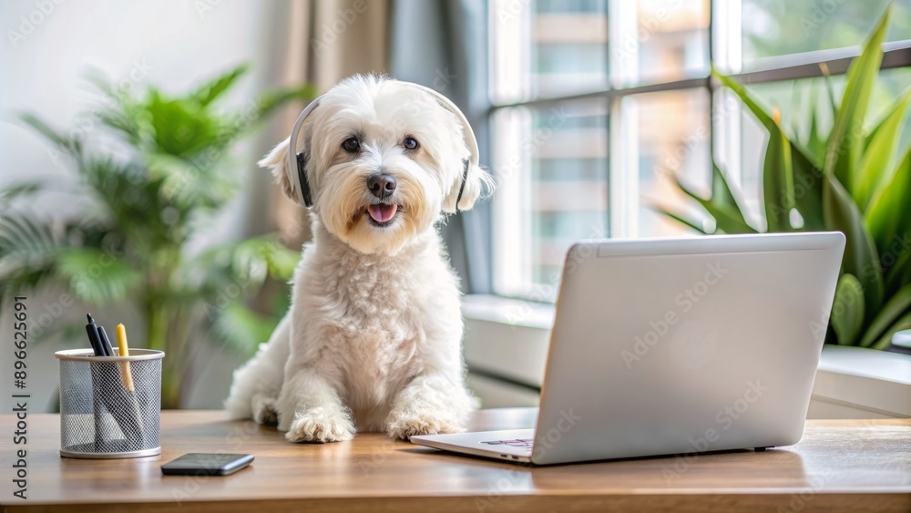 Adorable fluffy white dog sits in front of a laptop with a virtual background, wearing a miniature headset, participating in an online video meeting alone. Adorable fluffy white dog sits in front of a laptop with a virtual background, wearing a miniature headset, participating in an online video meeting alone.
