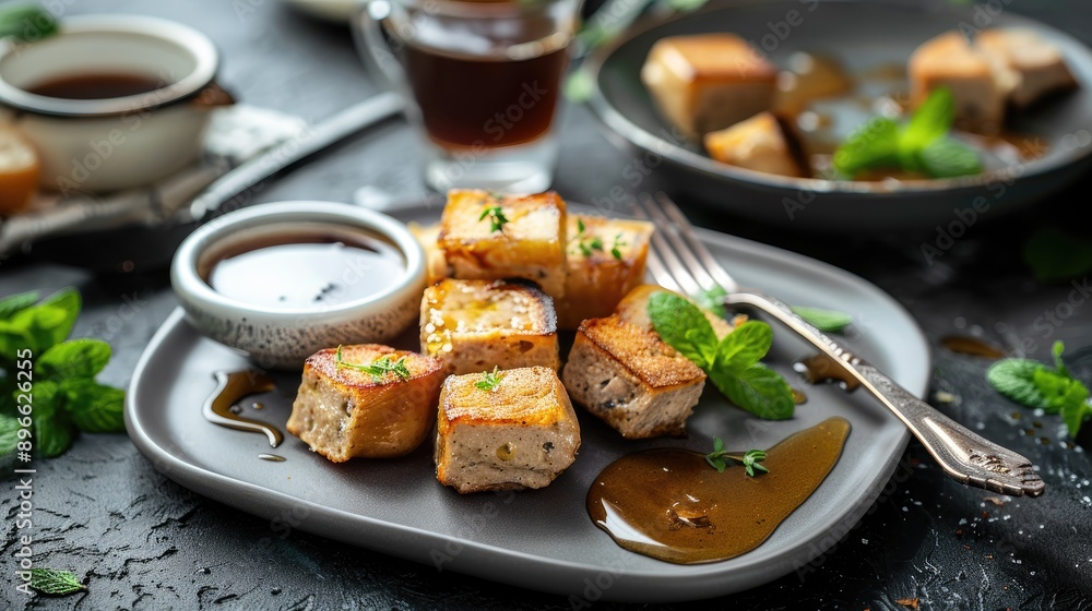 Croutons and liver pate with honey on a gray plate in a restaurant setting Accompanied by fork mint and coffee High end dining scene Room for text backdrop Croutons and liver pate with honey on a gray plate in a restaurant setting Accompanied by fork mint and coffee High end dining scene Room for text backdrop