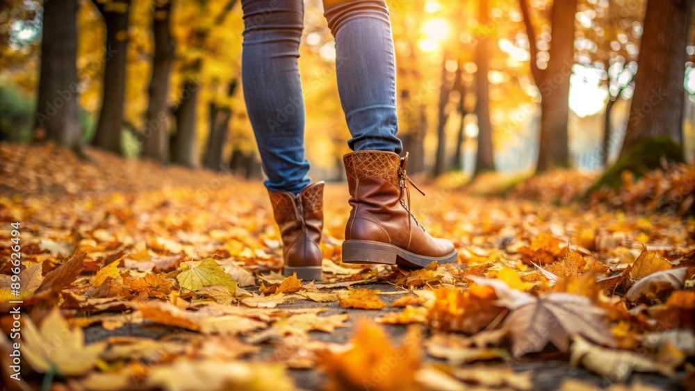 close up woman feet wearing boots walking in mid autumn park with dry crispy leave on covered the road path, Generative Ai close up woman feet wearing boots walking in mid autumn park with dry crispy leave on covered the road path, Generative Ai