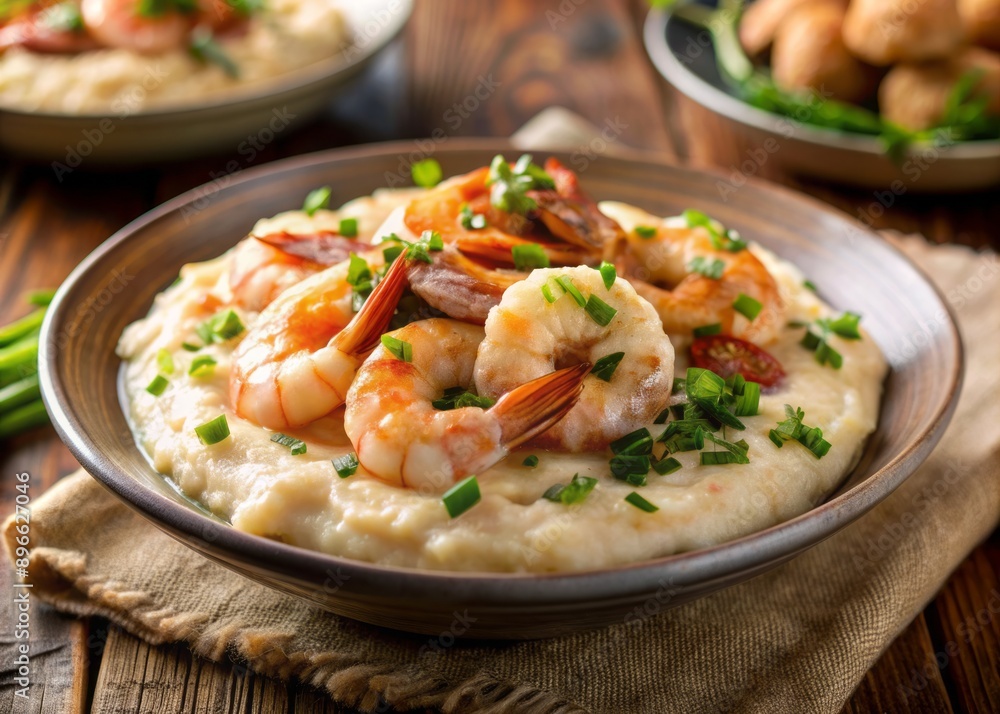 Delicious Southern-style breakfast dish featuring a steaming bowl of plump shrimp smothered in a rich, velvety cream sauce atop a bed of warm, stone-ground grits. Delicious Southern-style breakfast dish featuring a steaming bowl of plump shrimp smothered in a rich, velvety cream sauce atop a bed of warm, stone-ground grits.