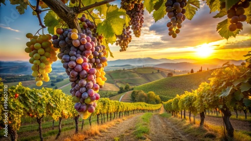 Ripe grapes cluster on ancient vines in a serene Tuscany vineyard at sunset, warm golden light dancing across the rolling hills and lush green foliage.