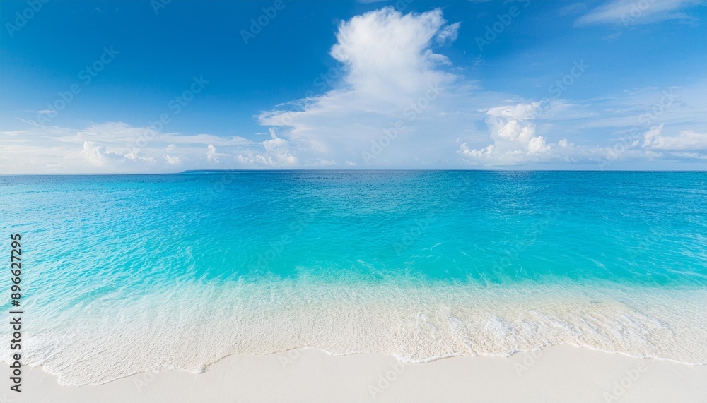 Fototapeta premium Beautiful tropical summer beach, top view of white sand and blue sea waves, nature background, vacation in paradise concept for tourism, vivid colorful.