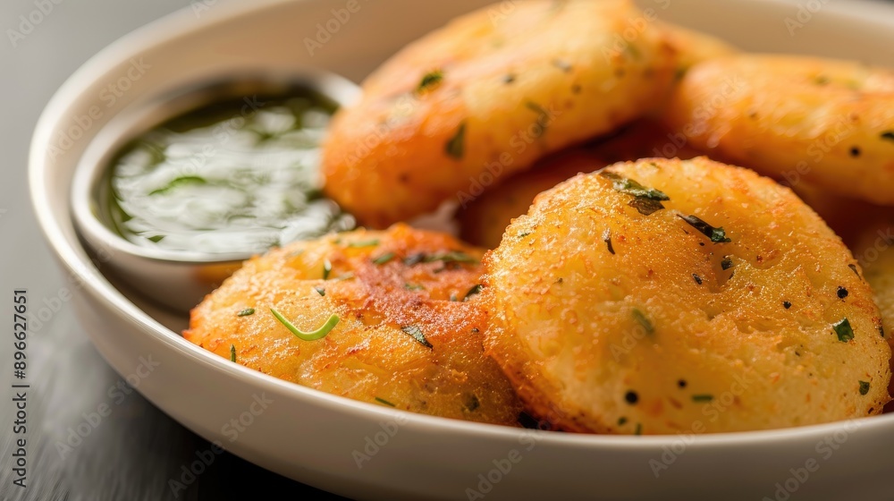 Selective focus on fried idli slices in a white dish Selective focus on fried idli slices in a white dish