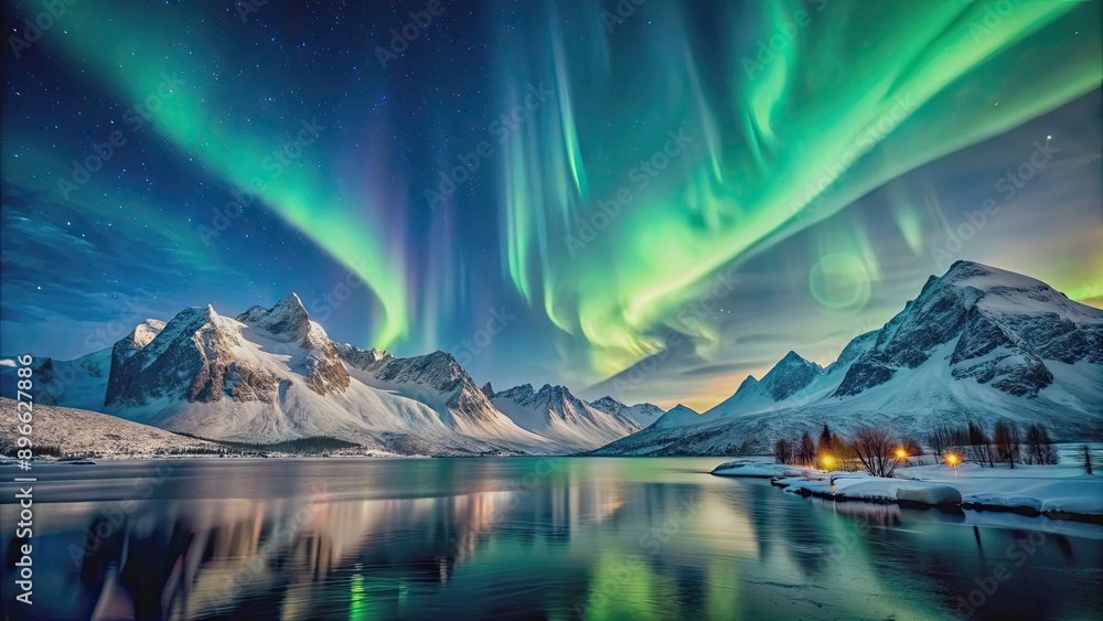 Aurora lights shining on snowy mountains Aurora lights shining on snowy mountains