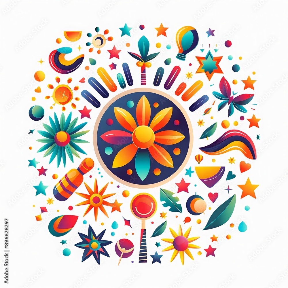 Fototapeta premium Colorful abstract art with flowers, stars, and geometric shapes in a circular design, perfect for vibrant backgrounds.