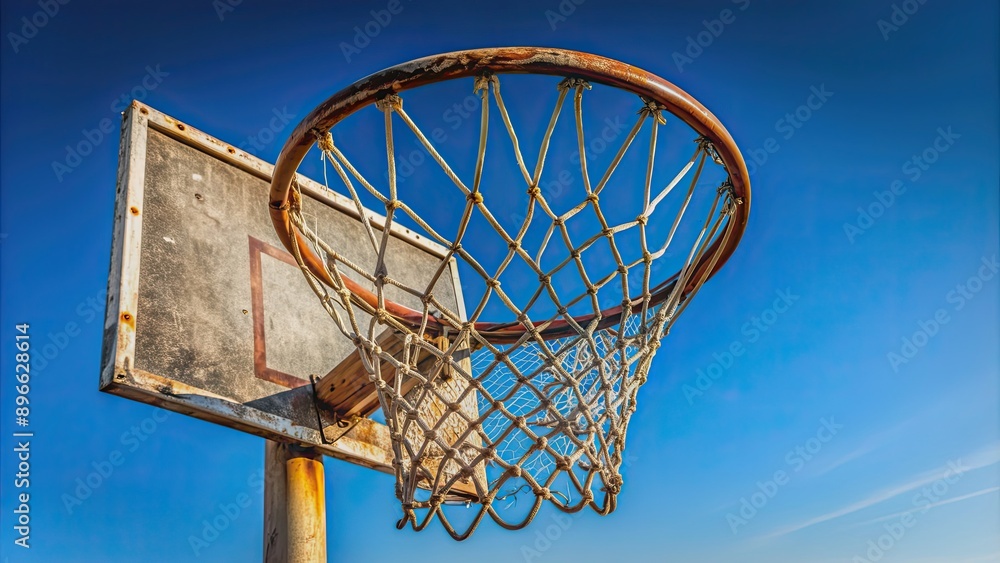 Battered basketball hoop net against clear sky , basketball, hoop, net, worn, weathered, outdoor, sport, game, court, urban, graffiti, sky Battered basketball hoop net against clear sky , basketball, hoop, net, worn, weathered, outdoor, sport, game, court, urban, graffiti, sky
