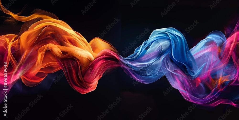 Obraz premium Two streams of vibrant energy intertwined in a colorful display against a black background.
